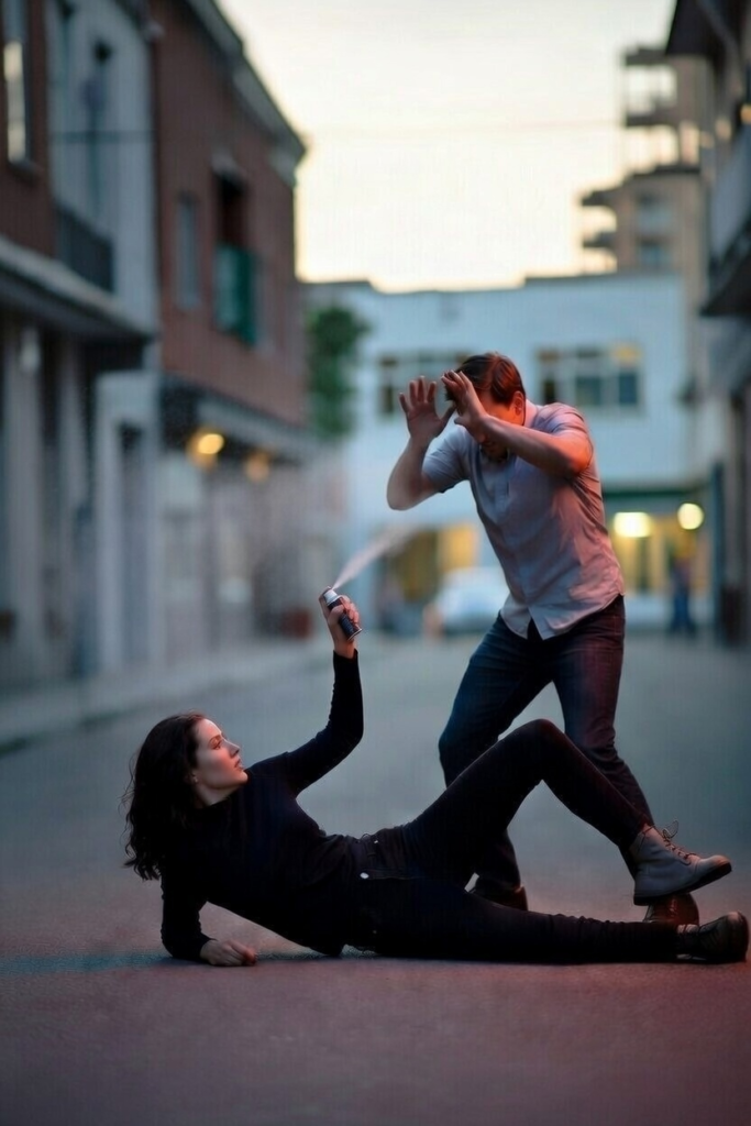 vrouw verdedigt zich met pepperspray